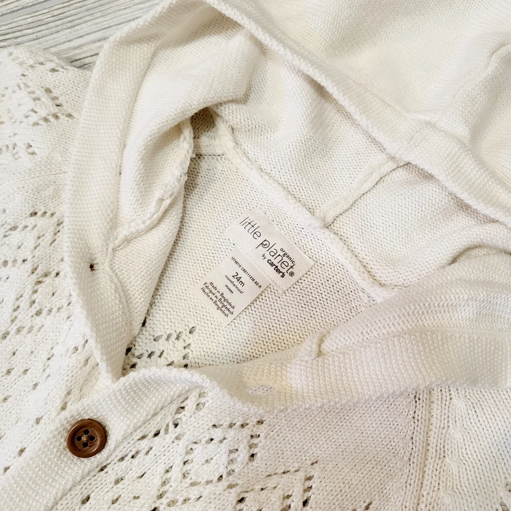 NWT Little Planet Carters Baby Coverall Sz 24 Mo Ivory Organic Pointelle Knit - Picture 3 of 5